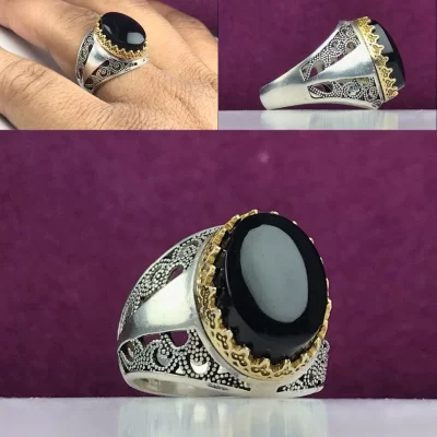 انگشتر عقیق یمنی مشکی اصل با رکاب شبکه طرح نقطه ای و نگین بیضی ساده