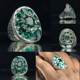 انگشتر جواهری توپاز سبز اصل با رکاب شبکه دست ساز و یازده نگین تراش خورده زیبا