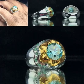 انگشتر موزانایت اصل (الماس روسی) با رکاب نقره چنگی دو رنگ دست ساز طرح گل