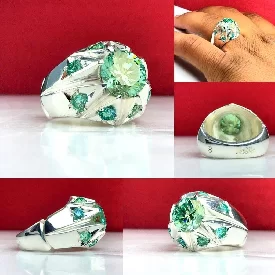 انگشتر موزانایت سبز الماس روسی با رکاب فیلی چنگی دست ساز طرح نگین دار فاخر