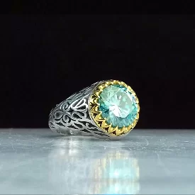 انگشتر موزونایت سبز الماس روسی با رکاب نقره شبکه تمام دست ساز آب رادیوم زیبا