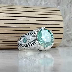 انگشتر موزونایت سبز الماس روسی با رکاب نقره شبکه تمام دست ساز مخراج کیفیت بالا