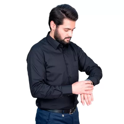 پیراهن مشکی مردانه آستین بلند مدل یقه معمولی کد PM11014