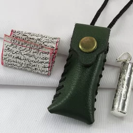 حرز امام جواد دست نویس روی پوست آهو به همراه کیف گردنی چرمی سبز و لوله نقره عیار 925 - کد 89427 